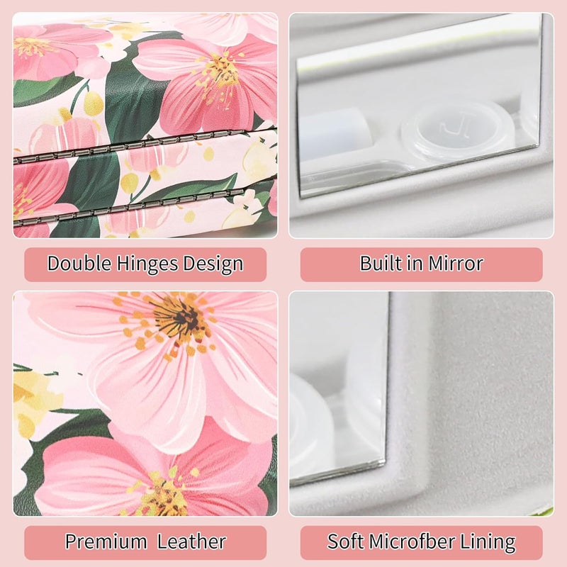 FlyingMage Store 2 in 1 Contact Lens Case and Eyeglasses Case for Women Men Kids, Double Sided Hard Shell Portable Glasses Travel Holder with Built-in Mirror, Contact Lens Box Storage Kit (Pink Flower) - Image 3